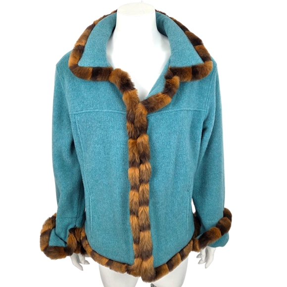 Tasha Polizzi Fur Trimmed Jacket Coat Womens Large Turquoise Western Equestrian - Picture 1 of 11